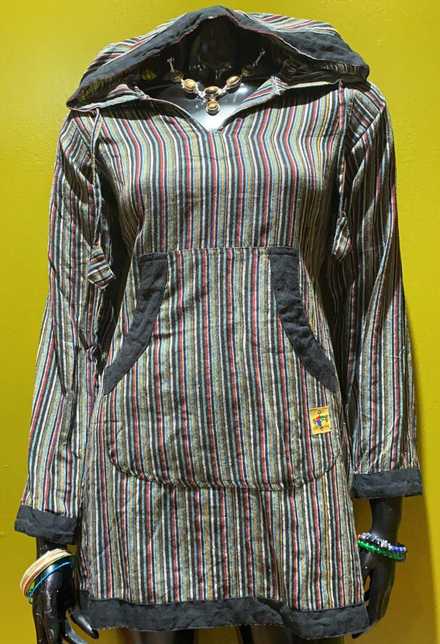 Cotton Front Pocket Long-Sleeve Hoodie Dress - Stripes