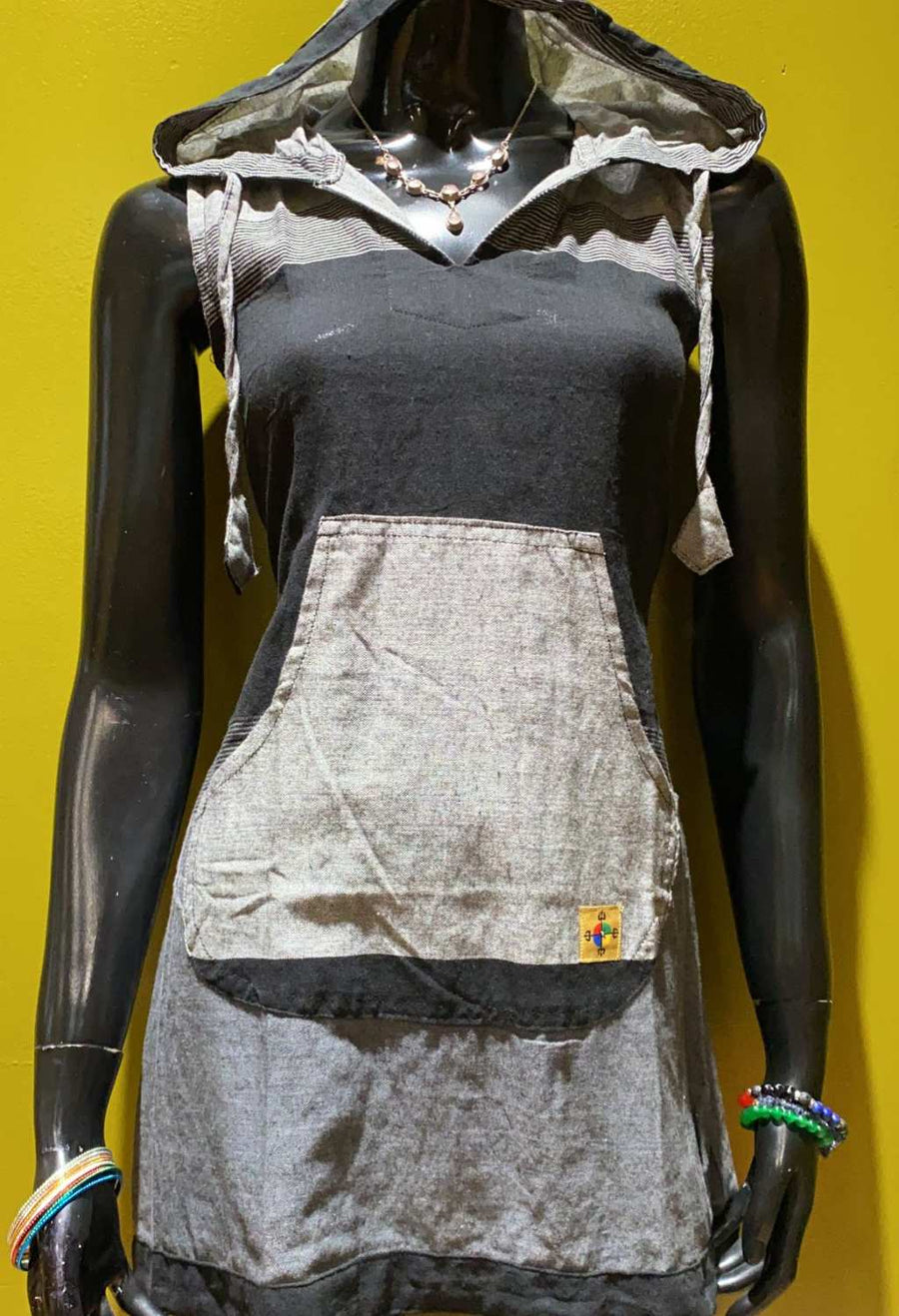 Cotton Front Pocket Hoodie Dress - Tri Color