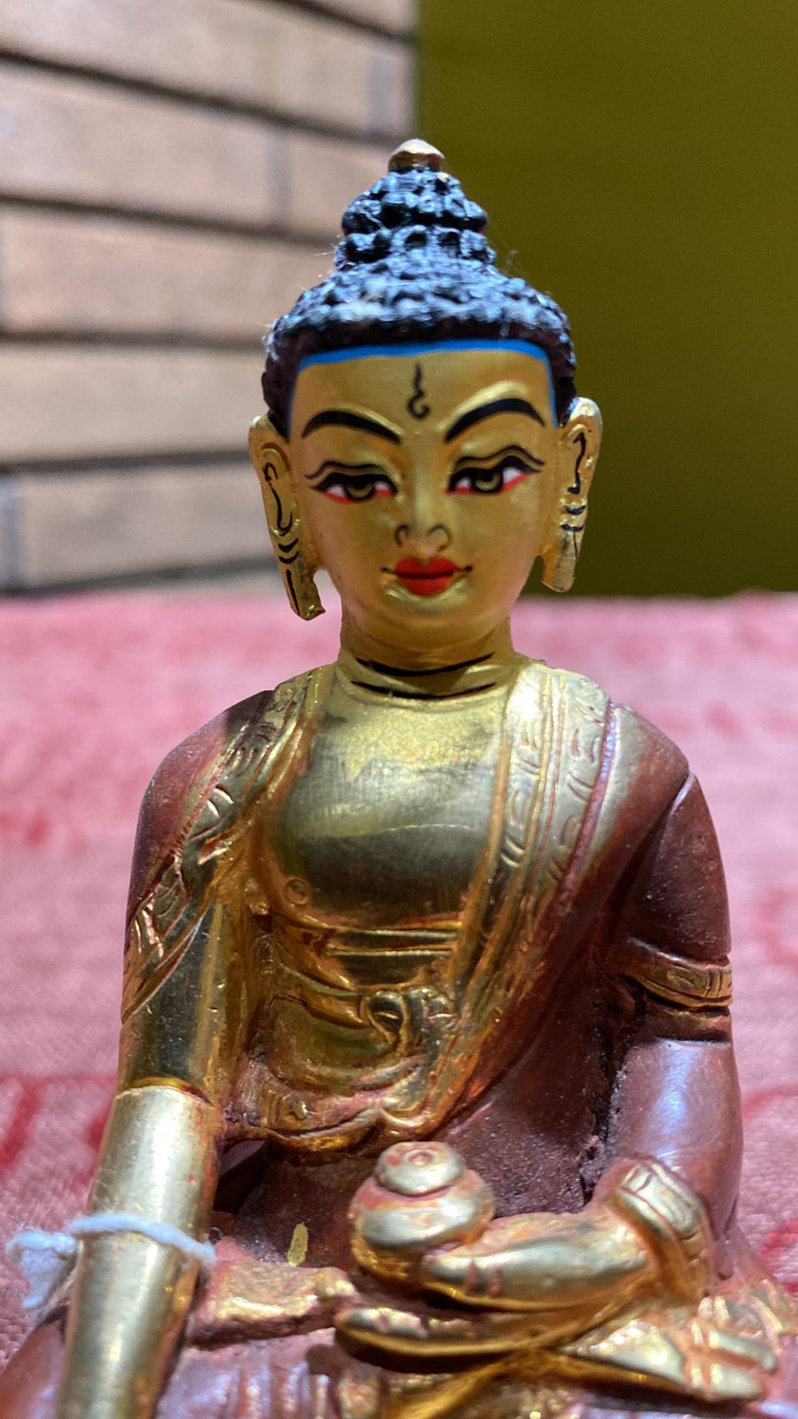 Shakyamuni Bumisparsha (Earth Touching) Buddha Gold-Plated Copper Lost-Wax Golden Thanka Paint Face Statue (S)
