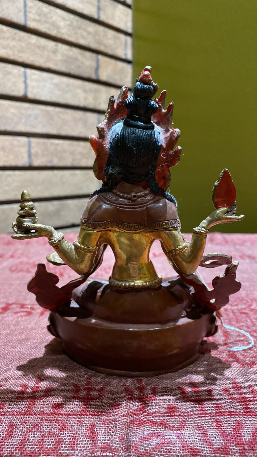 4-Arm Abhaya Mudra Tara w/Agni, Jewel, & Turtle Gold Plated Copper Lost-Wax Golden Thanka Paint Face Statue (M)