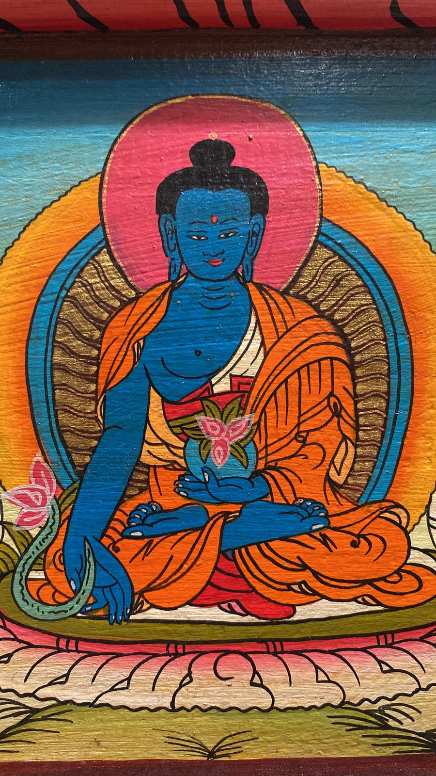 5 Dhyani Medicine Buddhas Lotus Flower Horizontal Hand-Carved Wooden Panel