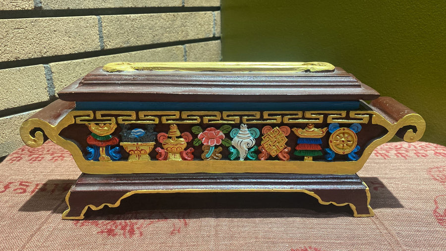 Wooden Relief-Carved Ashtamangla 8 Auspicious Gifts Incense Burner w/ Storage (XXL)