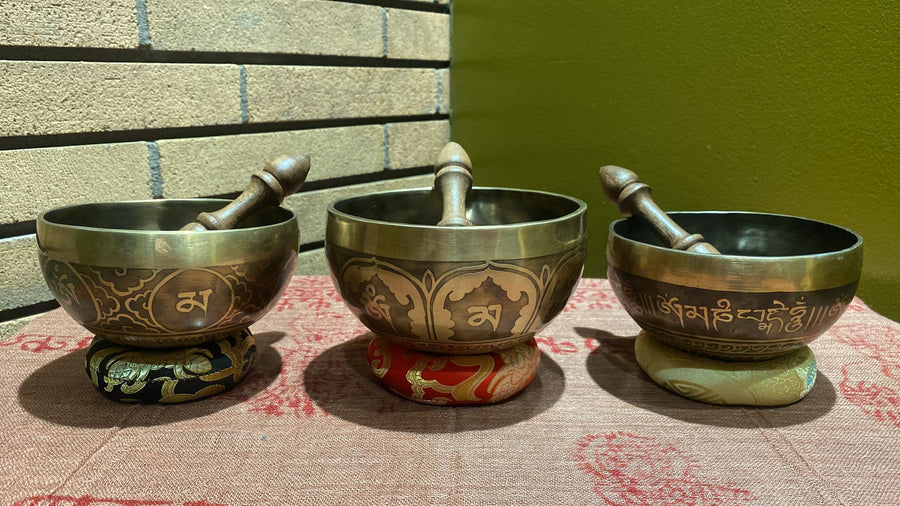 Hand-Pounded 7 Metal Tibetan Singing Bowl Etched w/Buddhist Iconography (Assorted) (M)