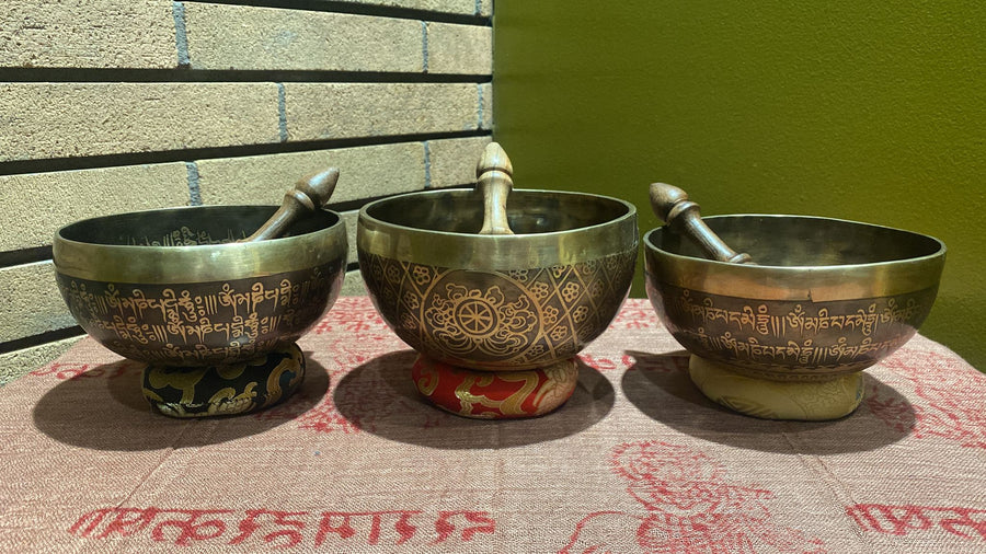 Hand-Pounded 7 Metal Tibetan Singing Bowl Etched w/Buddhist Iconography (Assorted) (XL)