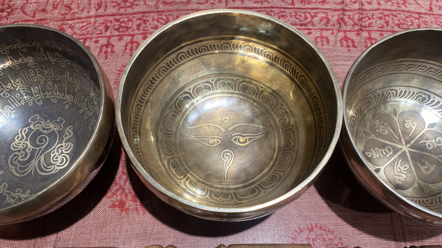 Hand-Pounded 7 Metal Tibetan Singing Bowl Etched w/Buddhist Iconography (Assorted) (XL)