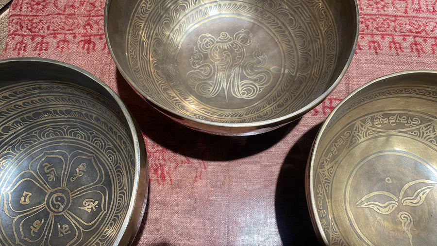 Hand-Pounded 7 Metal Tibetan Singing Bowl Etched w/Buddhist Iconography Assorted (XXXL)