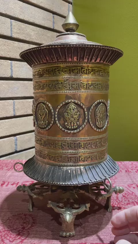 Double Dorje (Vajra) Base Tibetan & Sanskrit Om Mani Padme Hum & Ashtamangla Mixed Metal Prayer Wheel (XL)