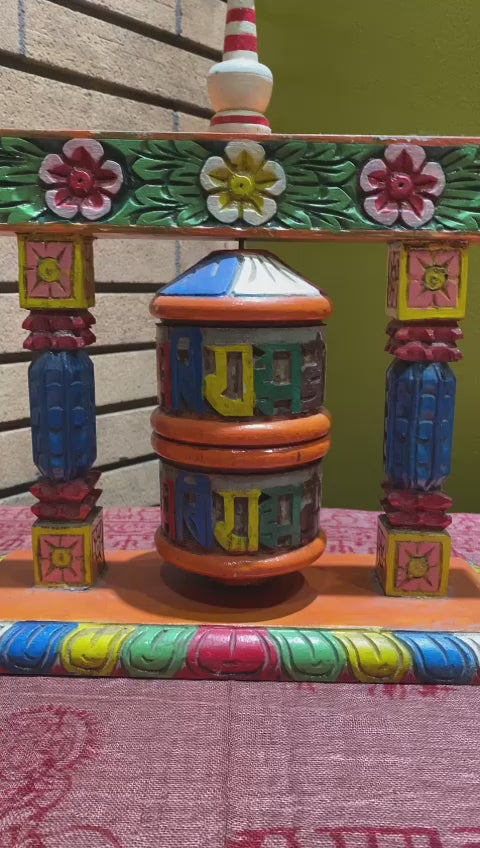 Sanskrit Om Mani Padme Hum Painted Wooden Lotus Flower Prayer Wheel (XL)