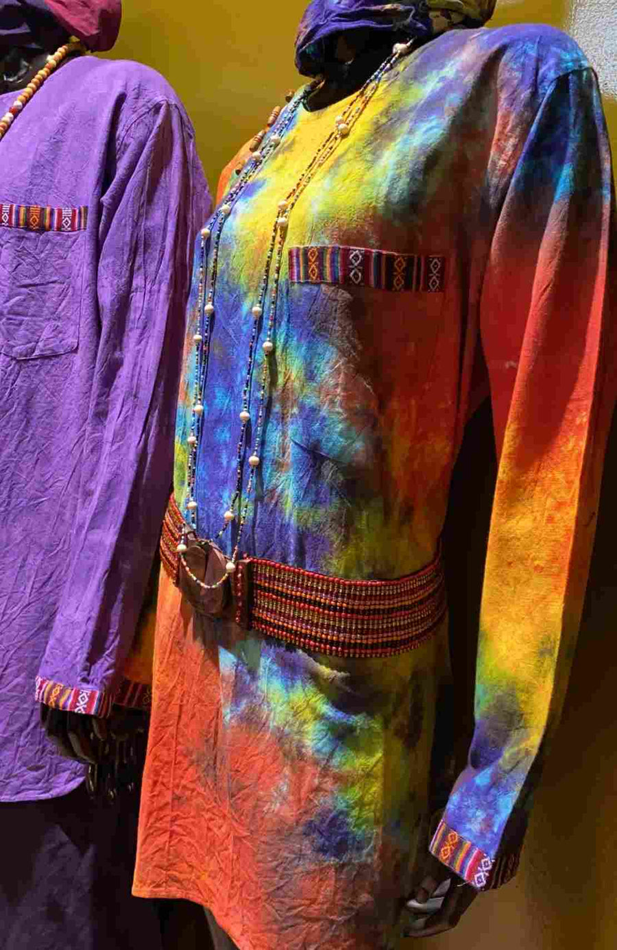 Cotton Bhutani Trim Long-Sleeve Round Neck Tunic - Tie-Dye