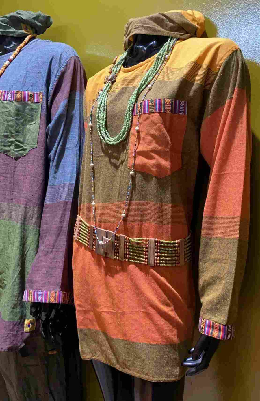 Cotton Bhutani Trim Long-Sleeve Round Neck Tunic - Tri Color
