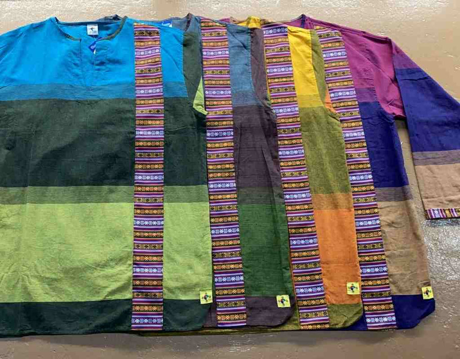 Cotton Bhutani Trim Long-Sleeve V-Neck Tunic - Tri Color