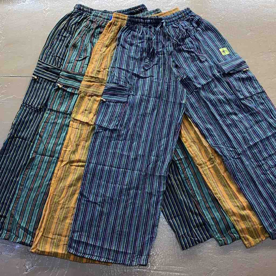 Cotton Wide-Leg Cargo Pocket Pants - Stripes
