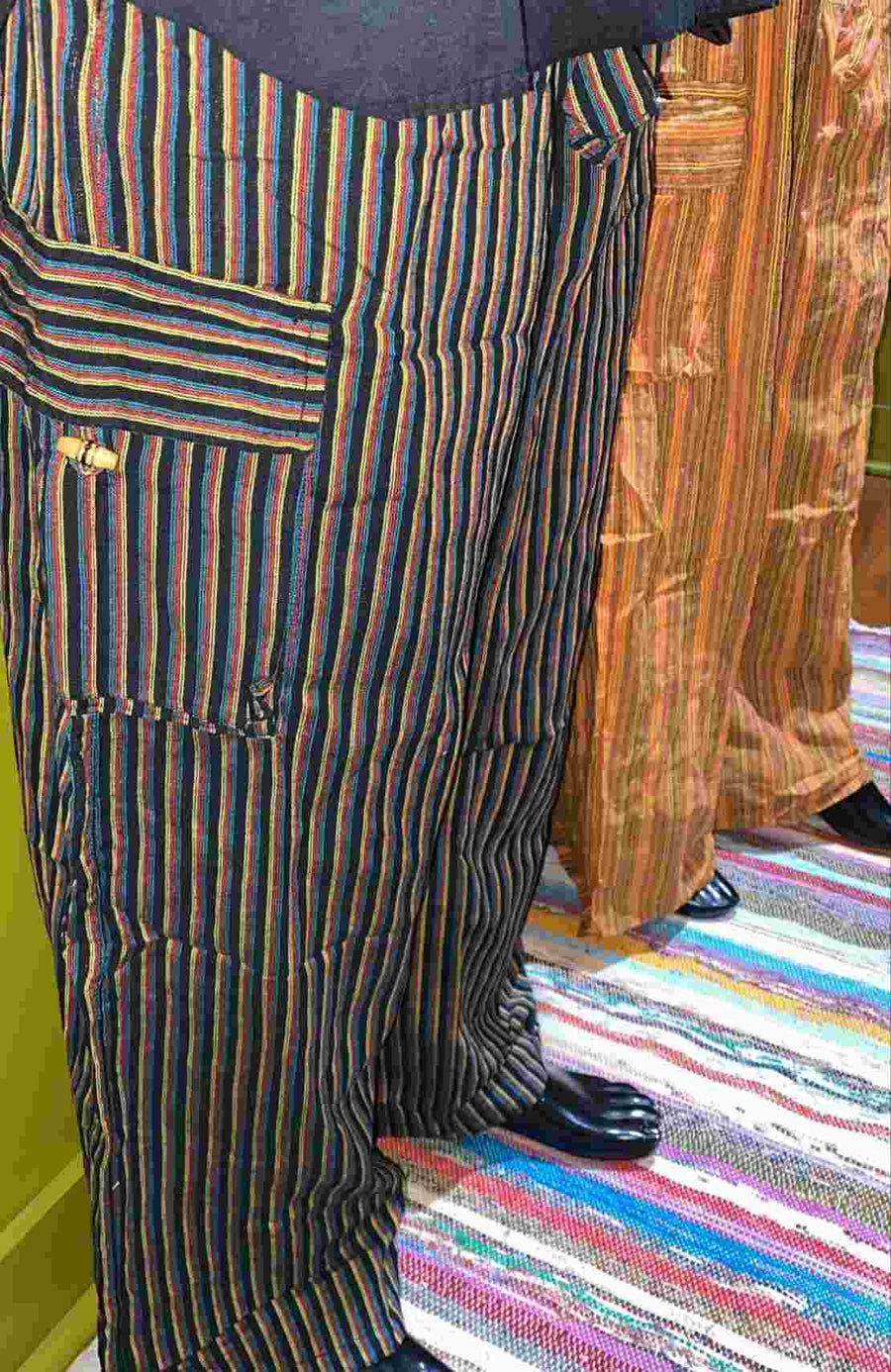 Cotton Wide-Leg Cargo Pocket Pants - Stripes