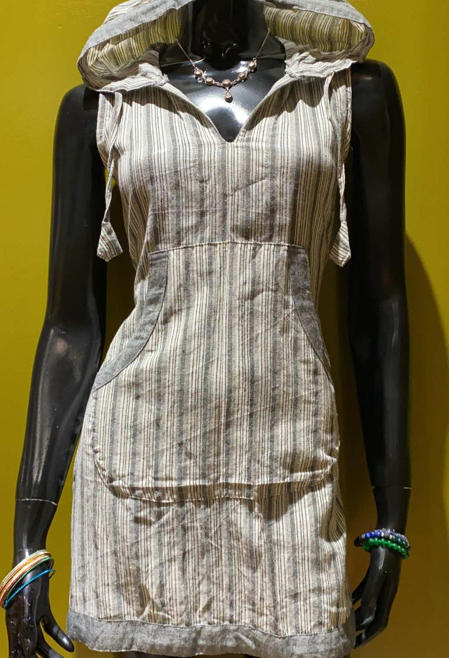 Cotton Front Pocket Hoodie Dress - Stripes