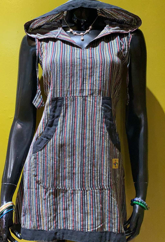 Cotton Front Pocket Hoodie Dress - Stripes