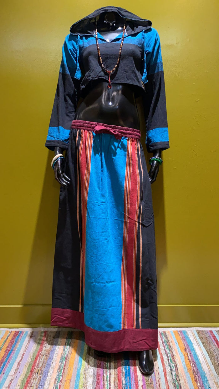 Cotton Drawstring Long Skirt - Boho Stripes