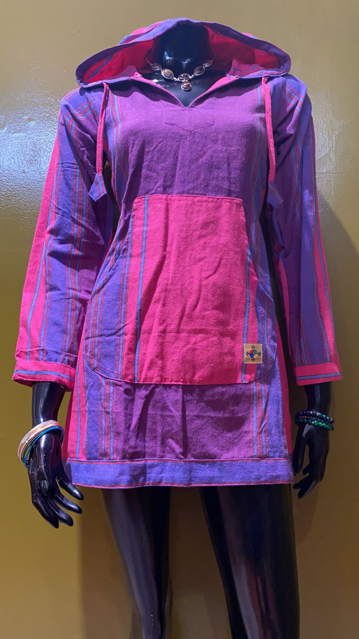 Cotton Front Pocket Long-Sleeve Hoodie Dress - Shyama Stripes