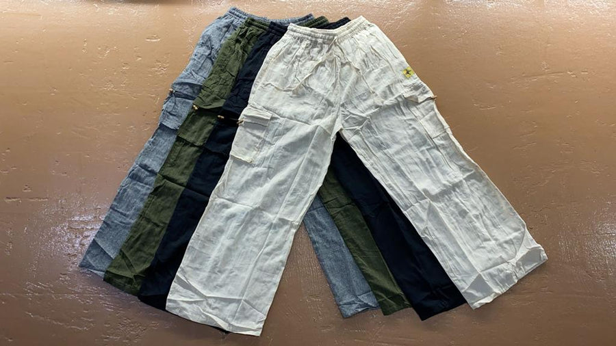 Cotton Wide-Leg Cargo Pocket Pants - Solid Color
