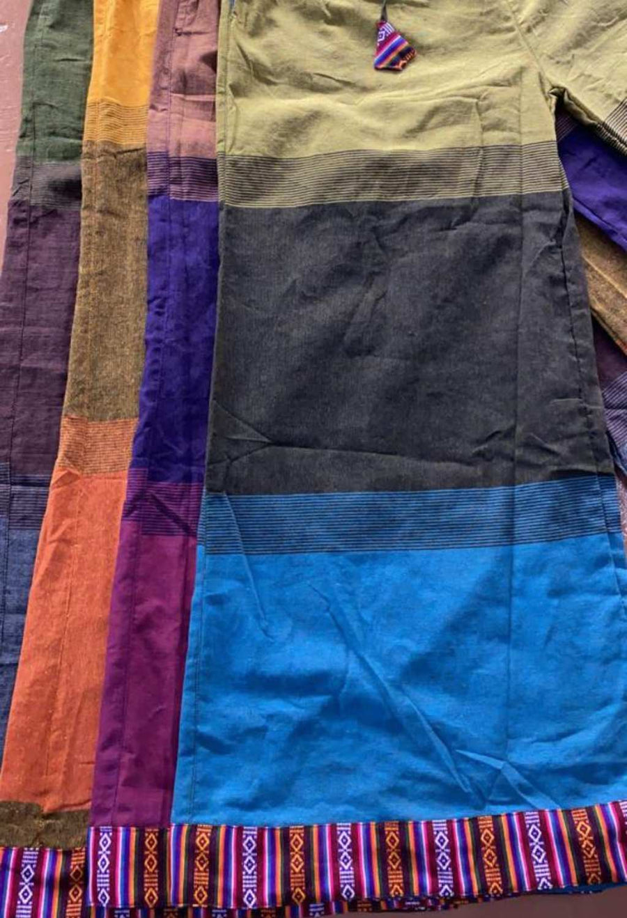 Cotton Wide-Leg Bhutani Trim Flare Pants - Tri-Color
