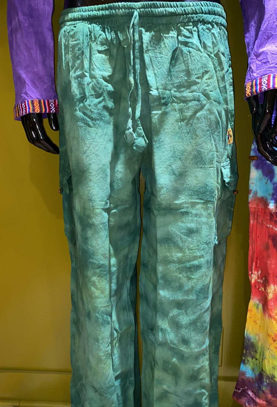 Cotton Wide-Leg Cargo Pocket Pants - Tie-Dye