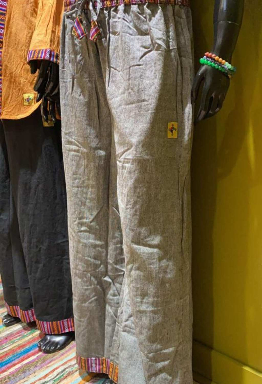 Cotton Wide-Leg Bhutani Trim Flare Pants - Solid Color