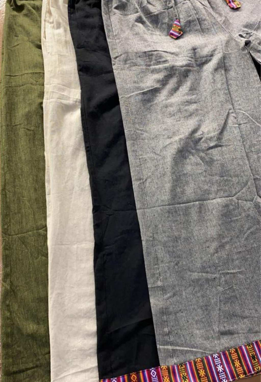 Cotton Wide-Leg Bhutani Trim Flare Pants - Solid Color