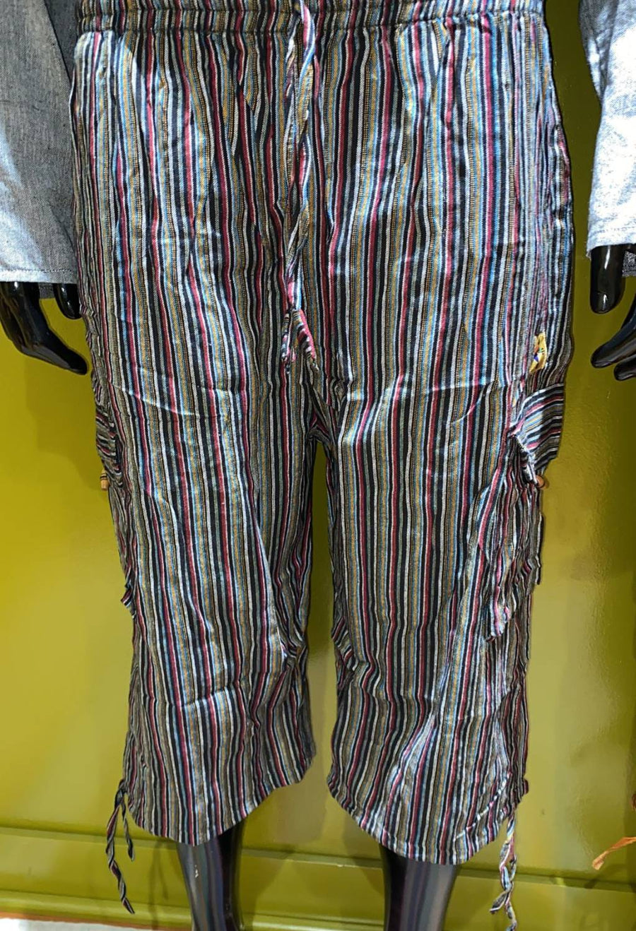 Cotton Wide-Leg 3/4 Cargo Pocket Pants - Stripes