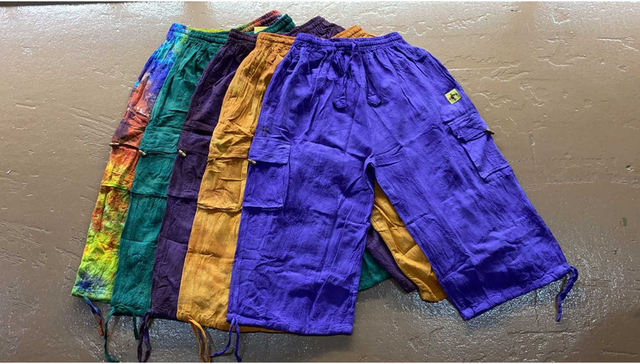 Cotton Wide-Leg 3/4 Cargo Pocket Pants - Tie-Dye