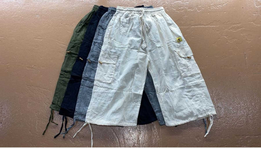Cotton Wide-Leg 3/4 Cargo Pocket Pants - Solid Color